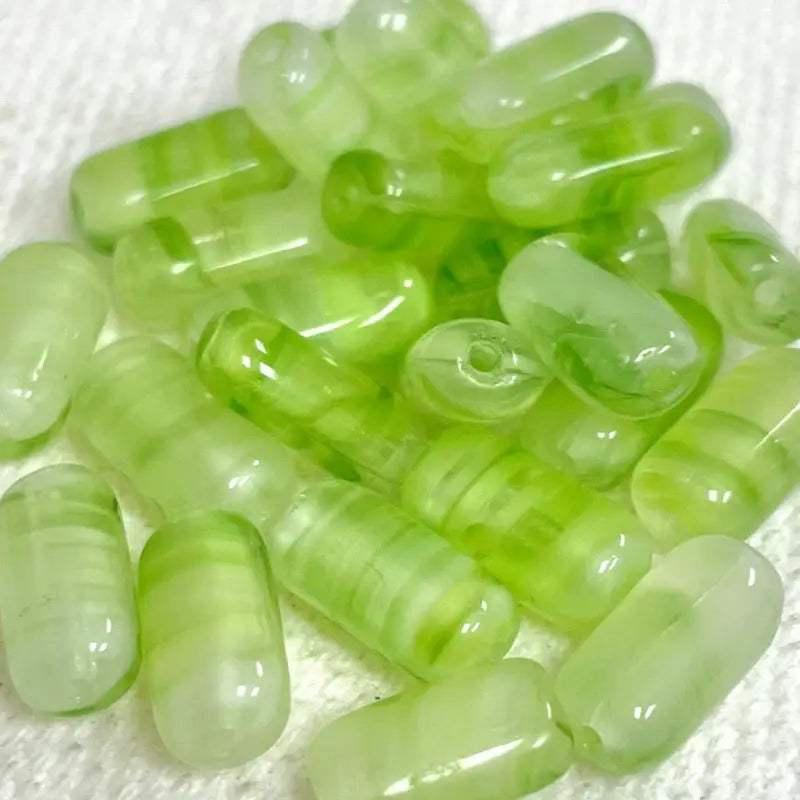 25 Vintage Green Striped Oval Glass Beads - Sea Beads