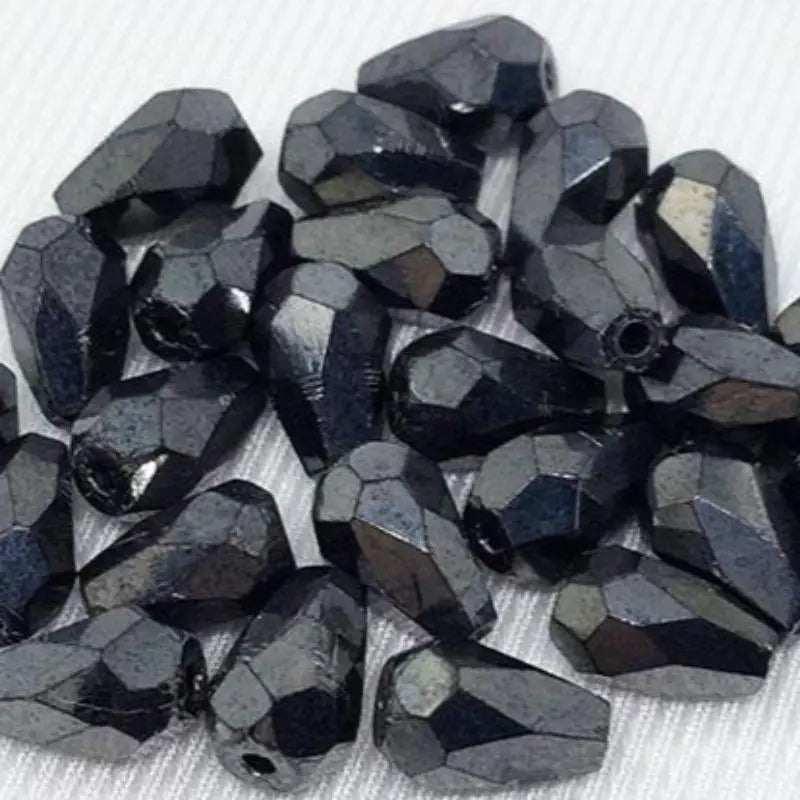 25 Vintage Gunmetal Bohemian Czech Faceted Teardrop Glass Beads - Sea Beads