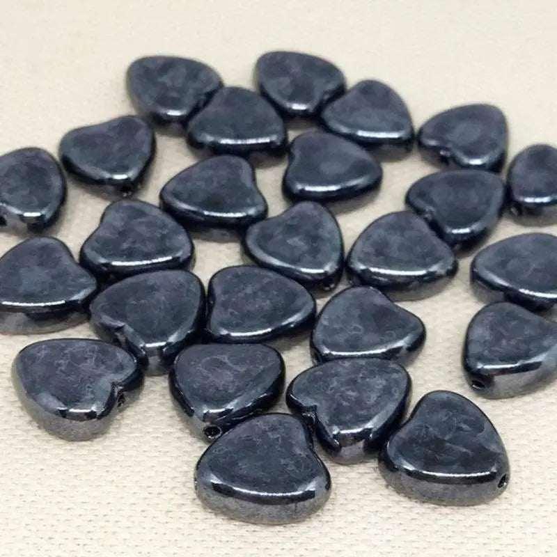 25 Vintage Gunmetal Czech Heart Glass Beads - Sea Beads
