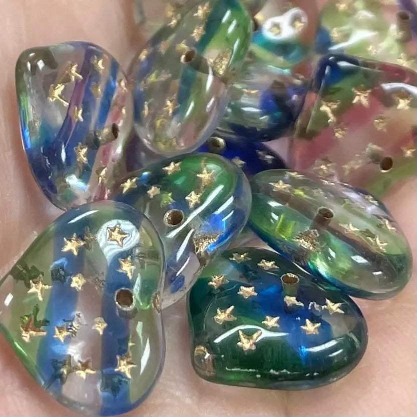 25 Vintage Mixed Czech Confetti Heart Glass Charm Beads - Sea Beads
