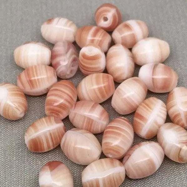 25 Vintage Orangish Red Striped Czech Oval Glass Beads - Sea Beads