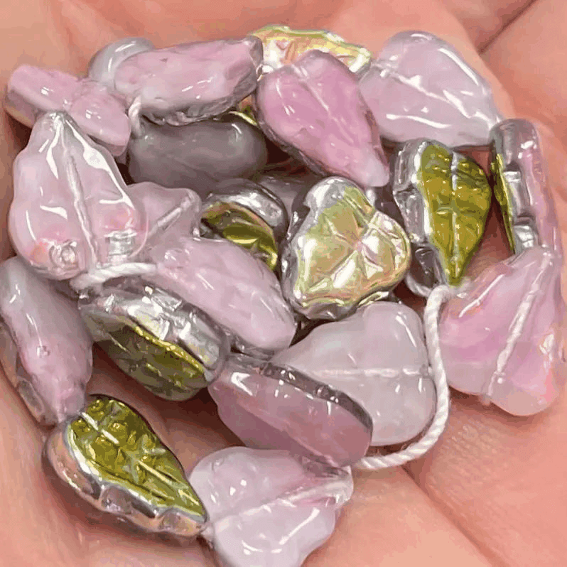 25 Vintage Pink AB Czech Leaf Glass Beads - Sea Beads
