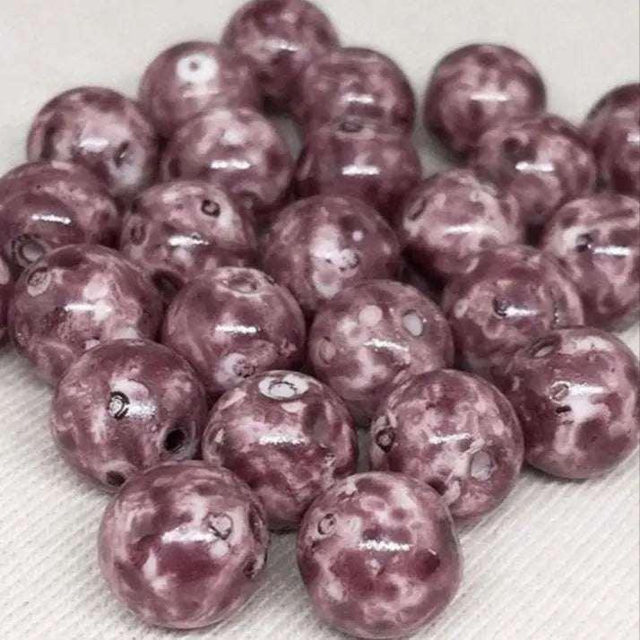 25 Vintage Pink Mauve Czech Picasso Round Glass Beads - Sea Beads