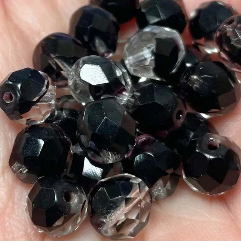 25 Vintage Purple Dark Clear Czech Fire Polished Glass Beads - Sea Beads