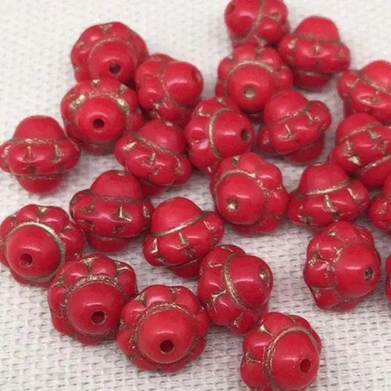 25 Vintage Red Czech Gold Etched Saturn Glass Beads - Sea Beads