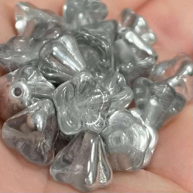 25 Vintage Silver Clear Czech Bell Flower Glass Beads - Sea Beads