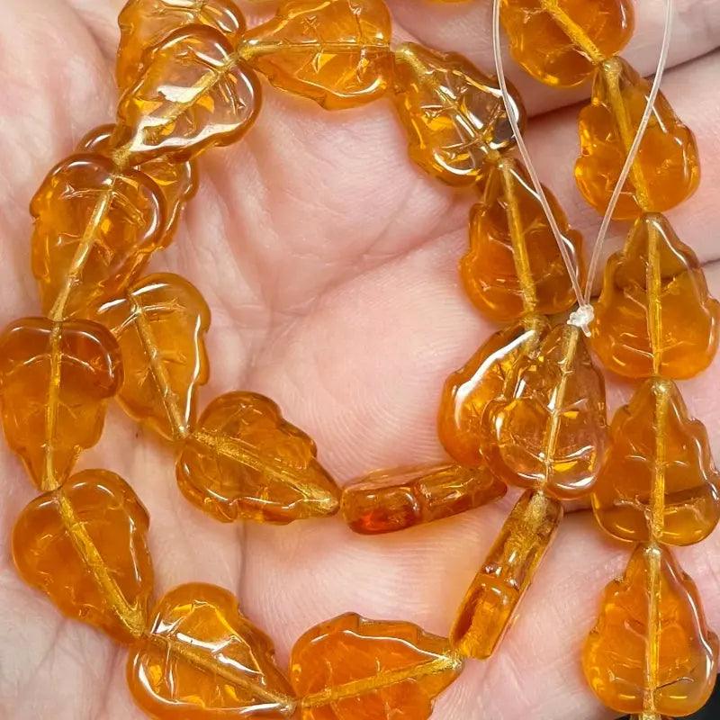 25 Vintage Topaz Czech Leaf Glass Beads - Sea Beads
