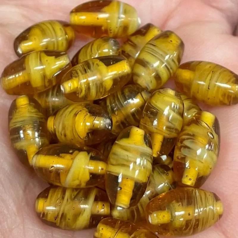 25 Vintage Topaz Golden Striped Oval Glass Beads - Sea Beads