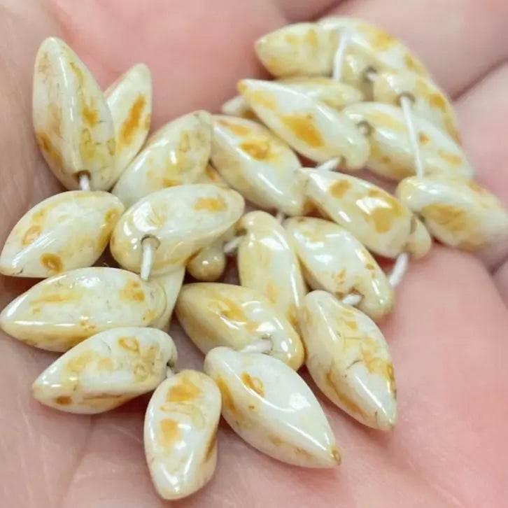 25 White Opal Picasso Twisted Dagger Czech Glass Beads - Sea Beads