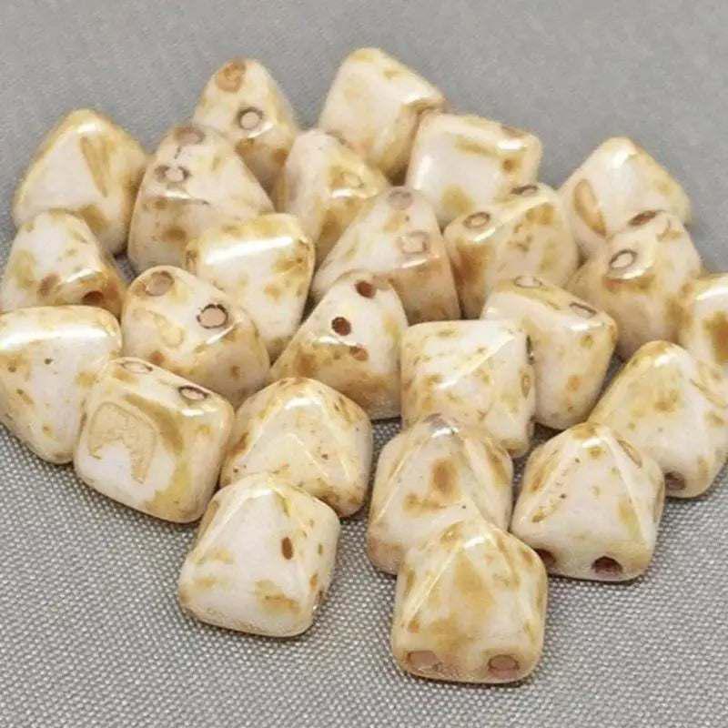 25 Cream Golden Brown Picasso Czech Stud Glass Beads - Sea Beads