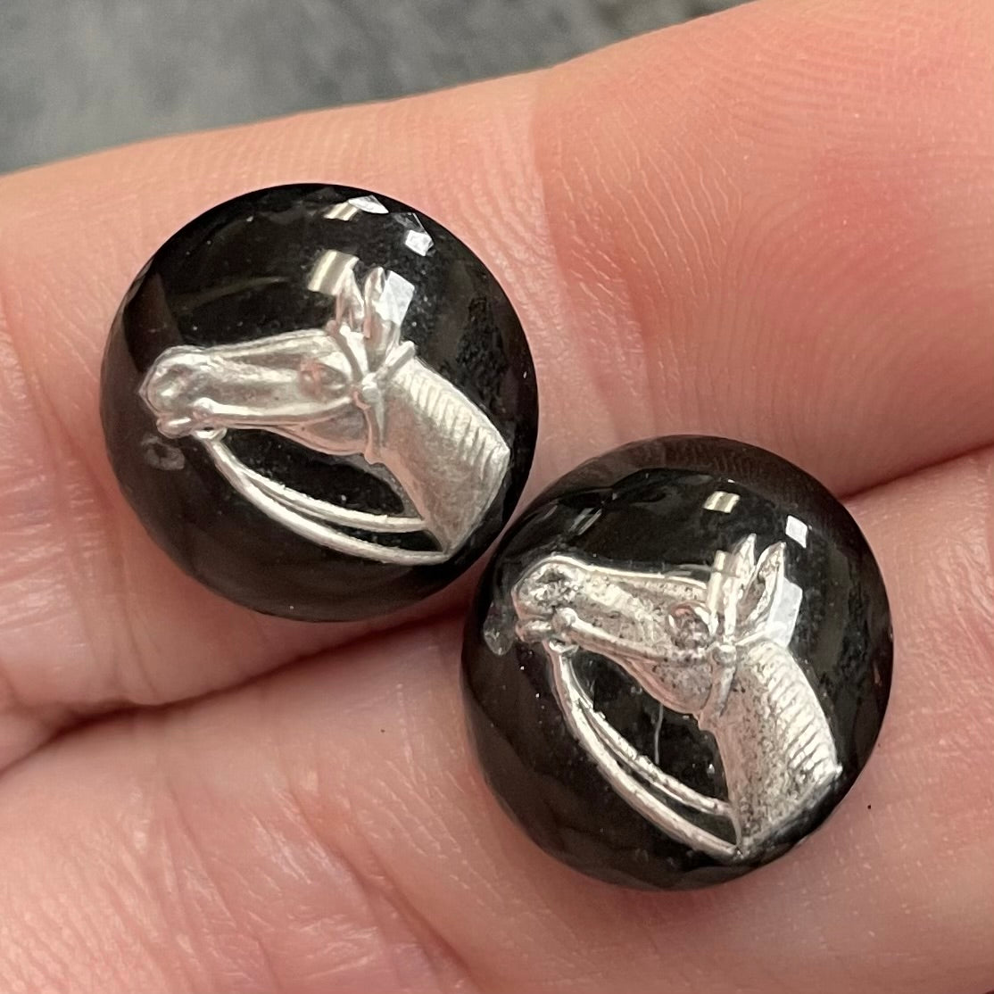 2 Vintage Black Horse Intaglio Round Glass Cabochons #9446