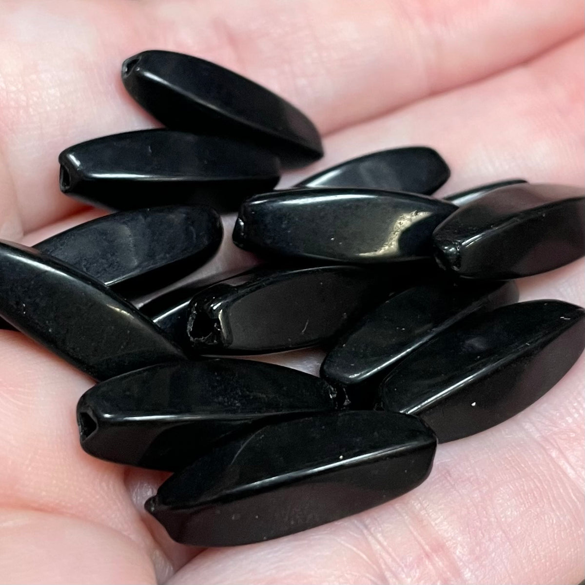25 Vintage Black Four Sided Oval Glass Beads