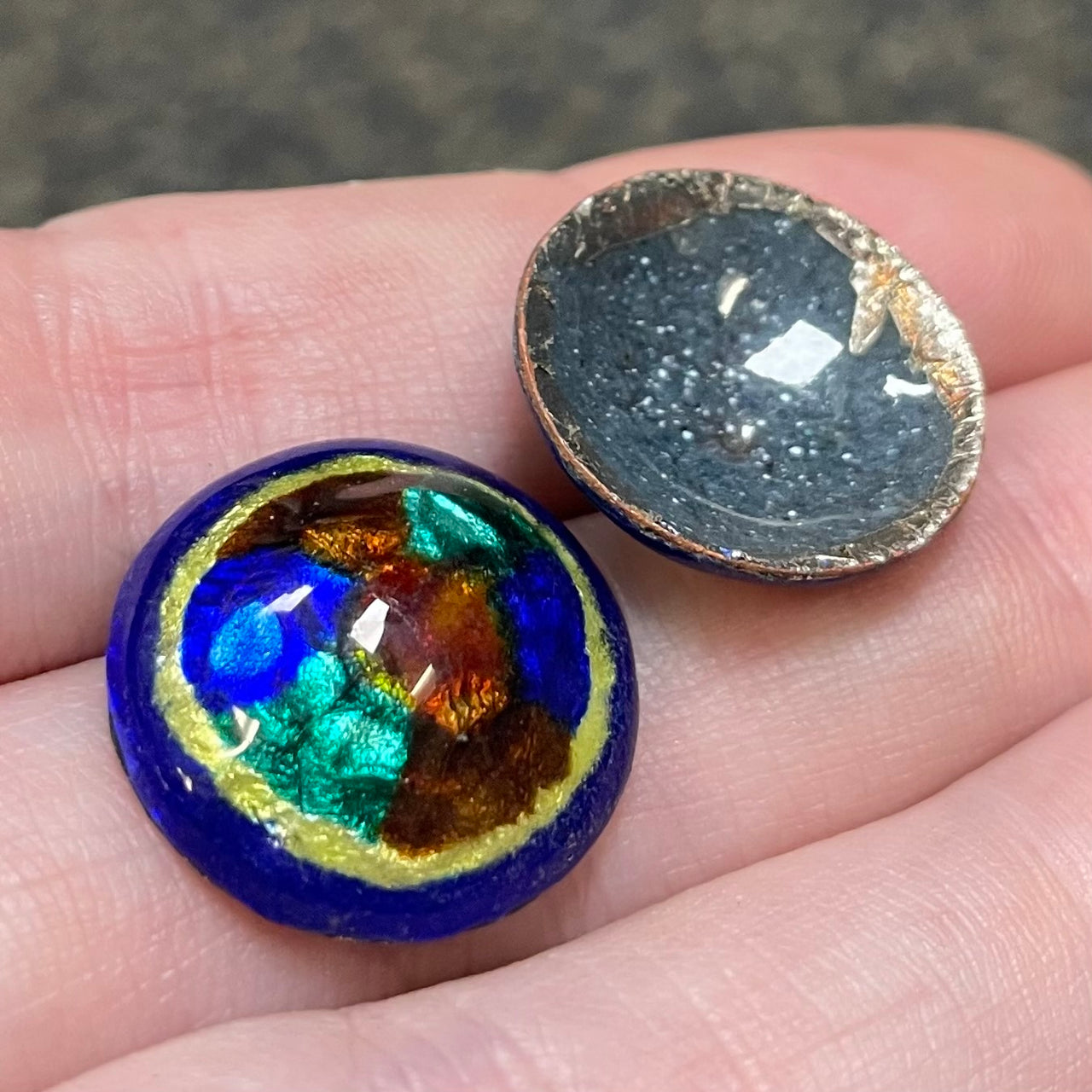2 Vintage Blue Enameled Round Metal Pieces