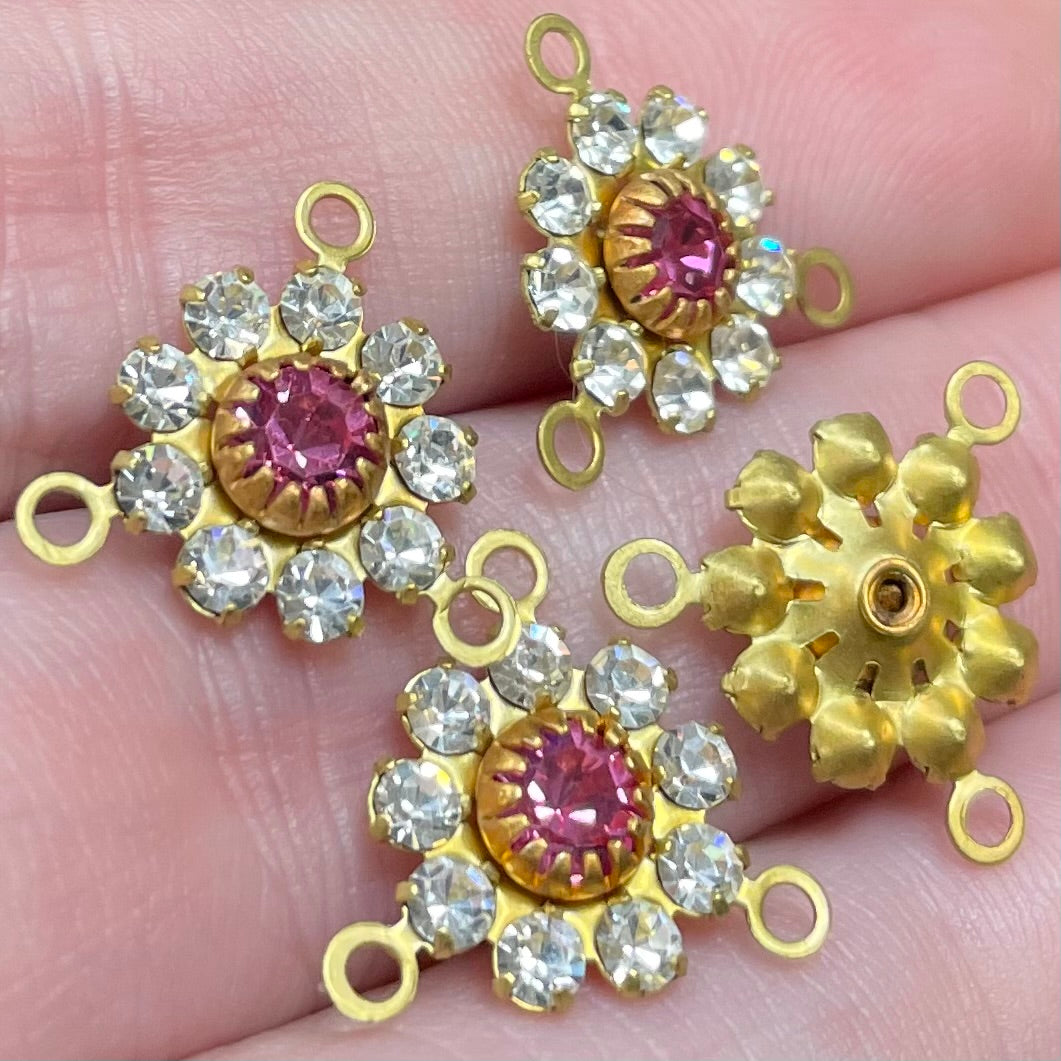 4 Vintage Brass Clear Pink Swarovski Flower Charm Connectors