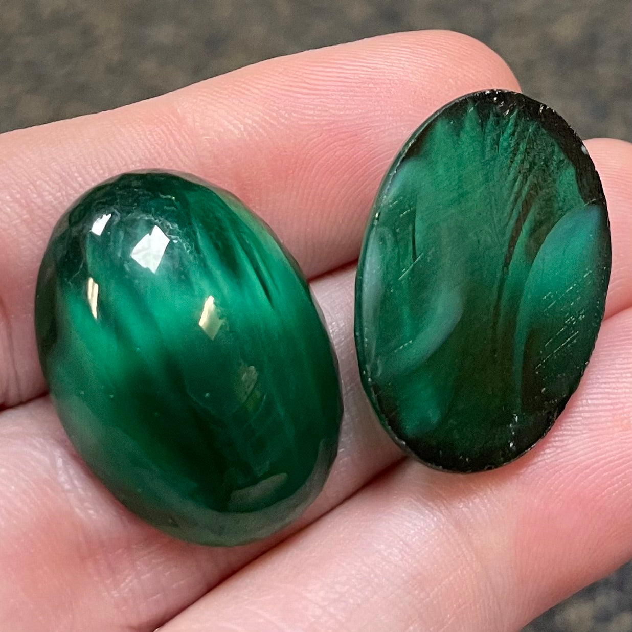2 Vintage Green Silky Striped Oval Glass Cabochons #346