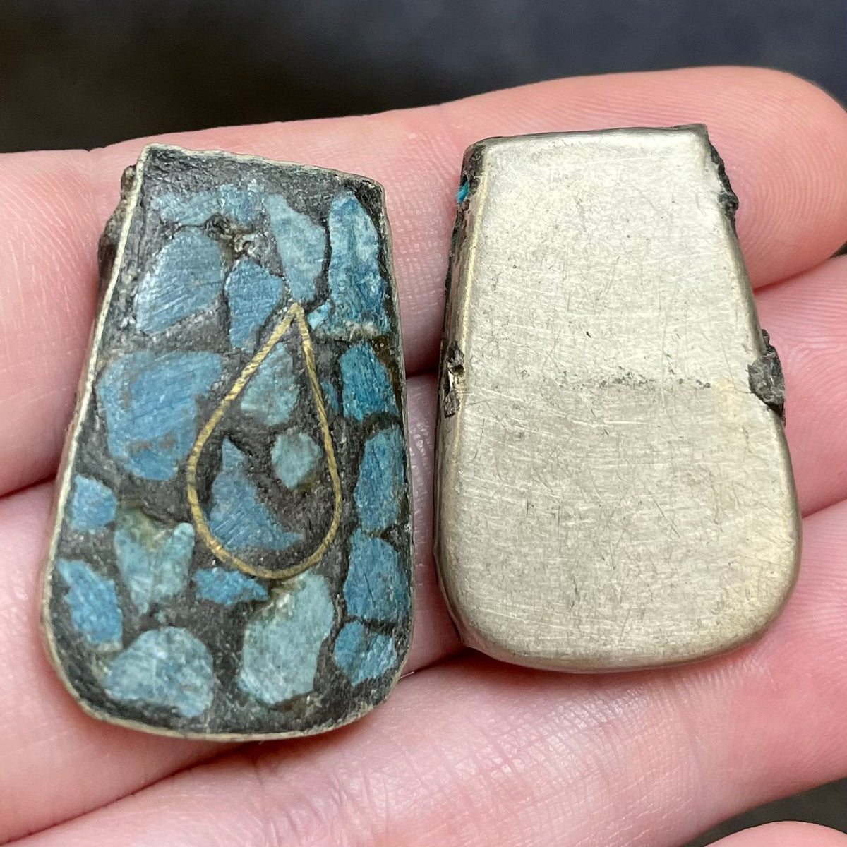 2 Vintage Handmade Aqua Mosaic Two Hole Metal Pendants (A)