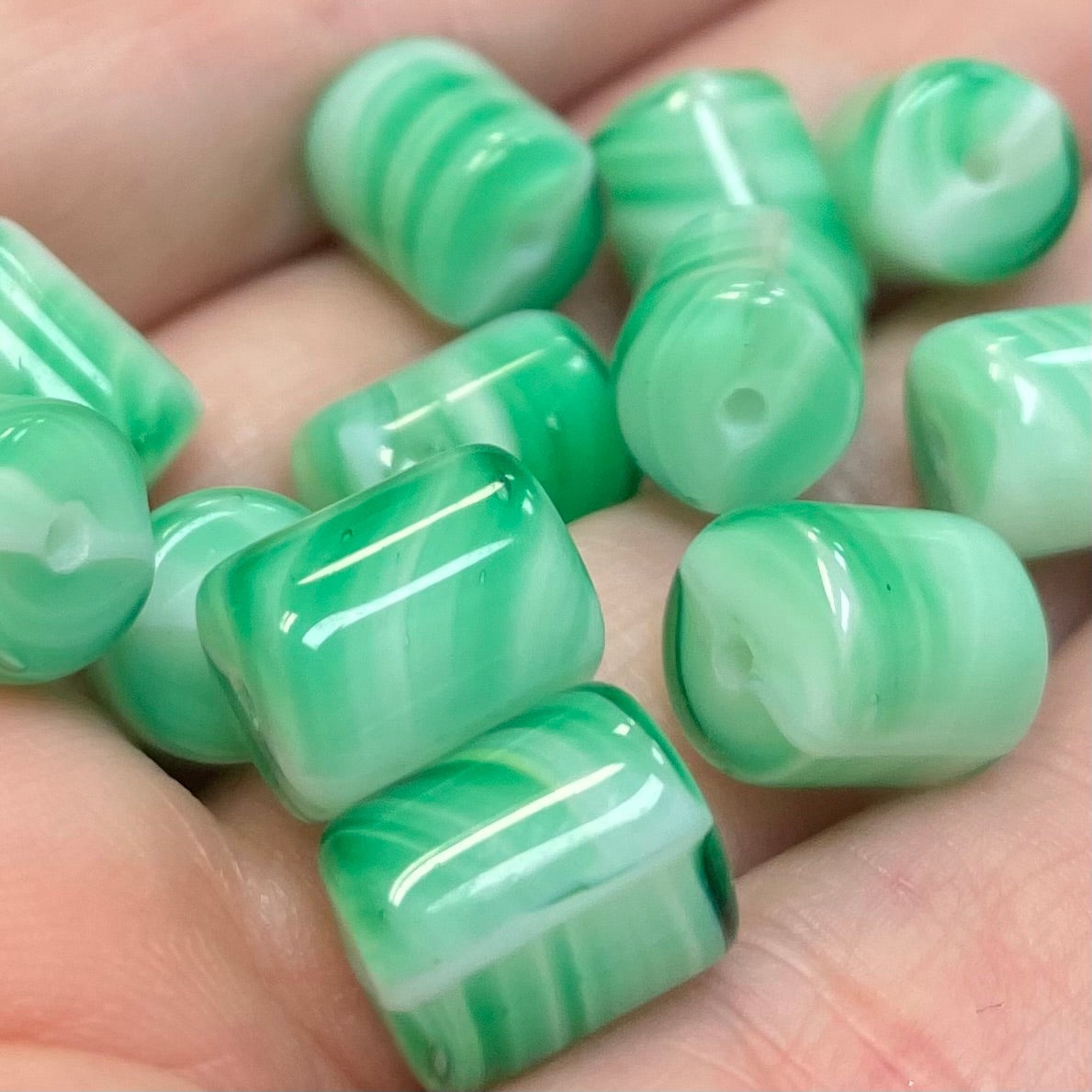 12 Vintage Green Czech Striped Barrel Glass Beads