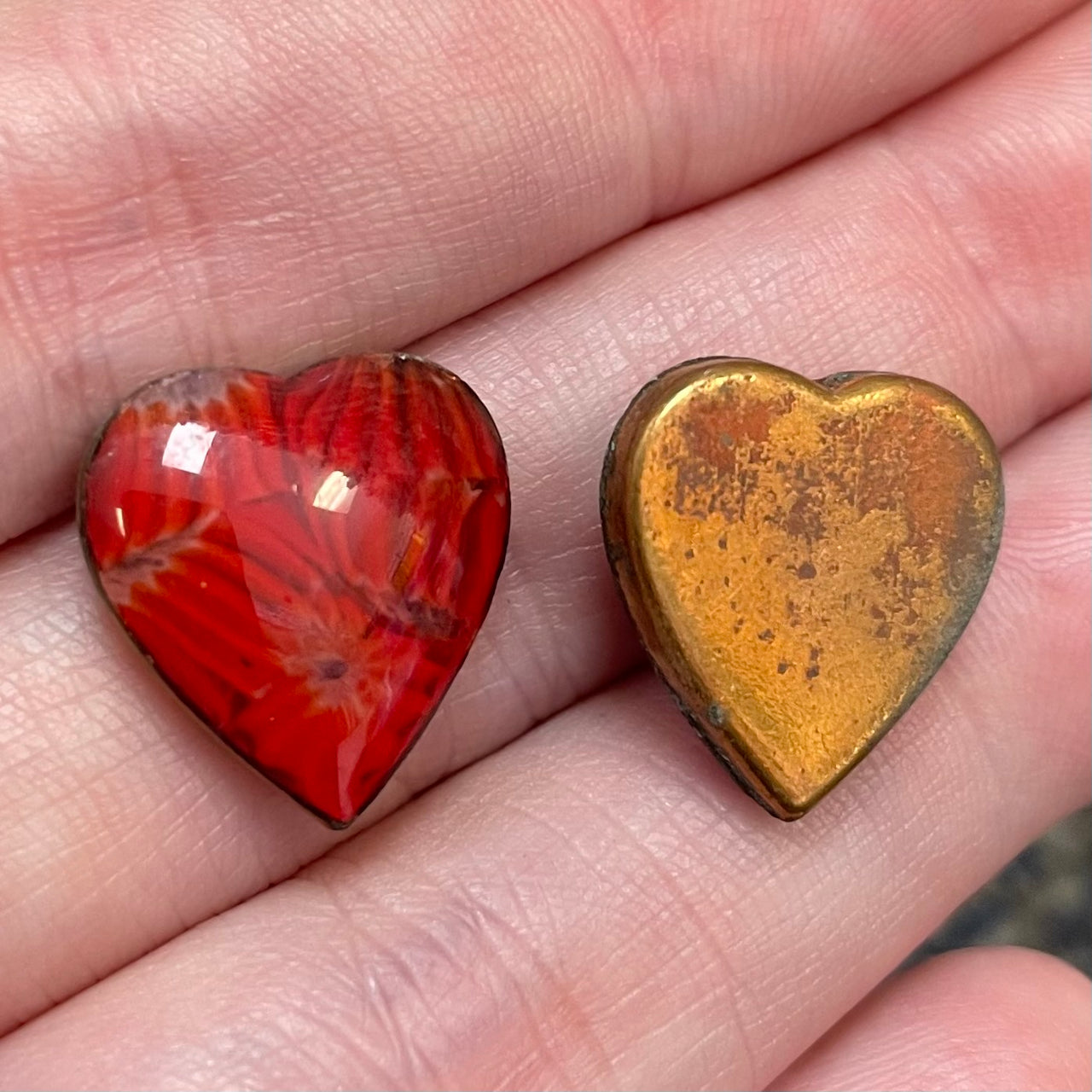 2 Vintage Red Italian Murano Heart Glass Cabochons in Brass Settings