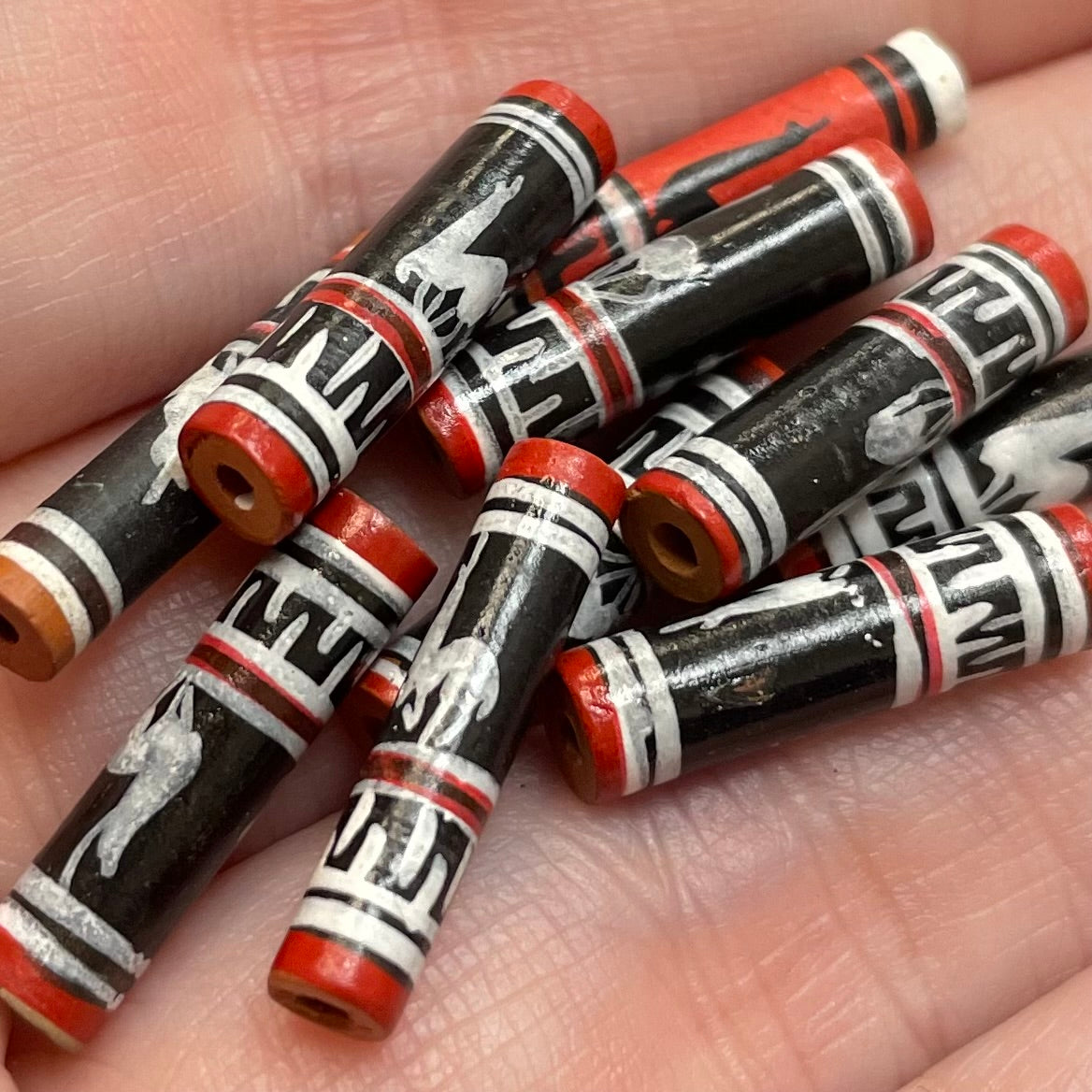 10 Vintage Red Black Peruvian Tube Beads