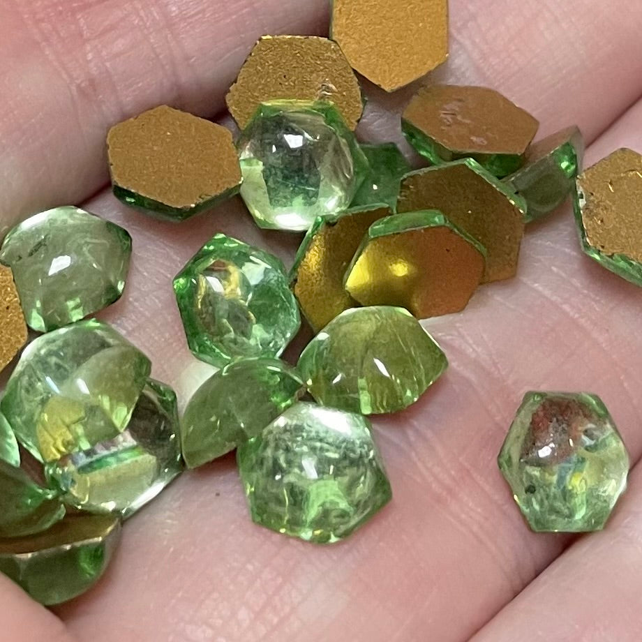 24 Vintage Green Peridot Hexagon Glass Cabochons