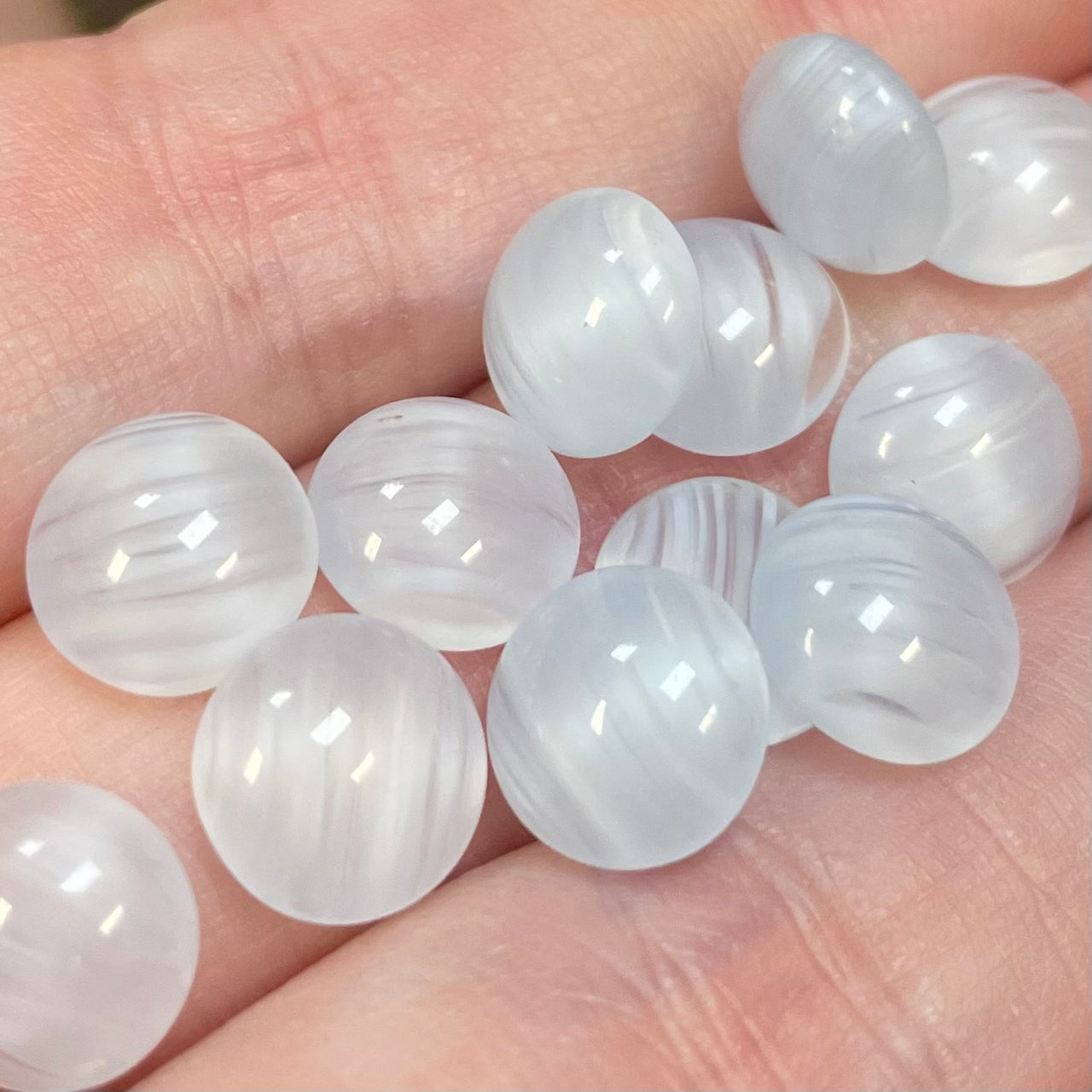 12 Vintage Blue Light Striped Round Glass Cabochons