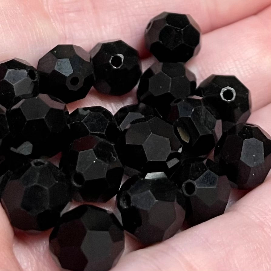 20 Vintage Black Faceted Round Glass Beads