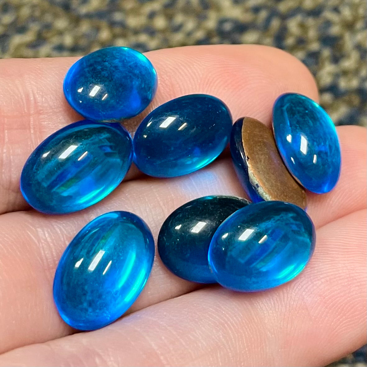 8 Vintage Blue Aqua Dark Oval Glass Cabochons