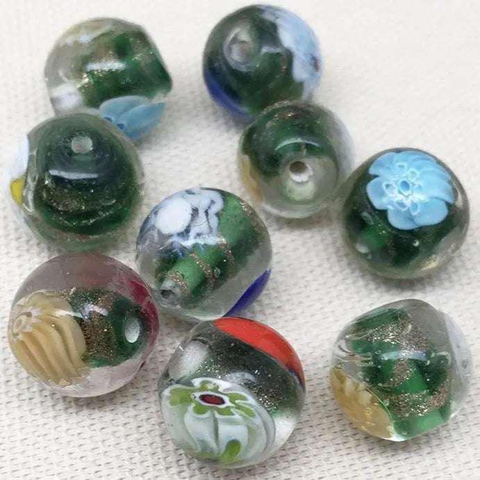 10 Vintage Green Clear Millefiori Round Glass Beads - Sea Beads