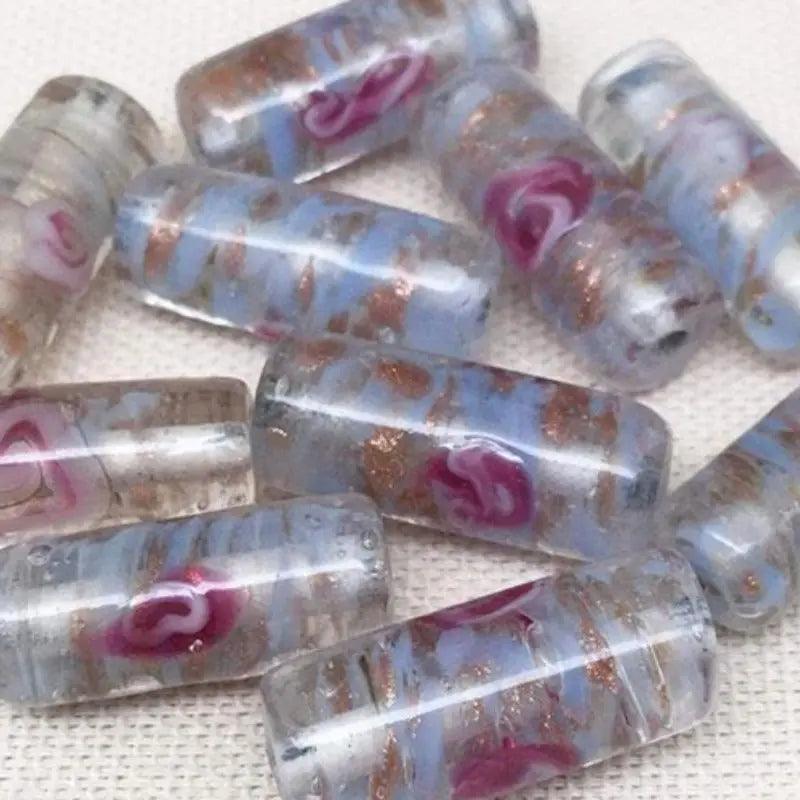 8 Vintage Blue Sapphire Rose Cylindrical Glass Beads - Sea Beads