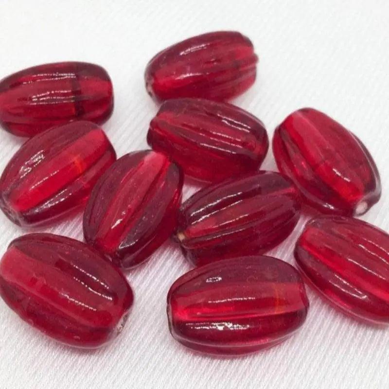10 Vintage Handmade Siam Red Ribbed Oval Glass Beads - Sea Beads
