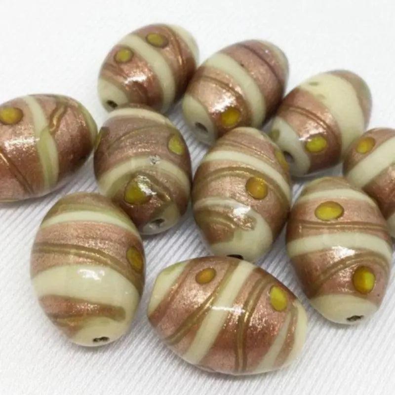 10 Vintage Mauve Light Yellow Aventurine Oval Glass Beads - Sea Beads