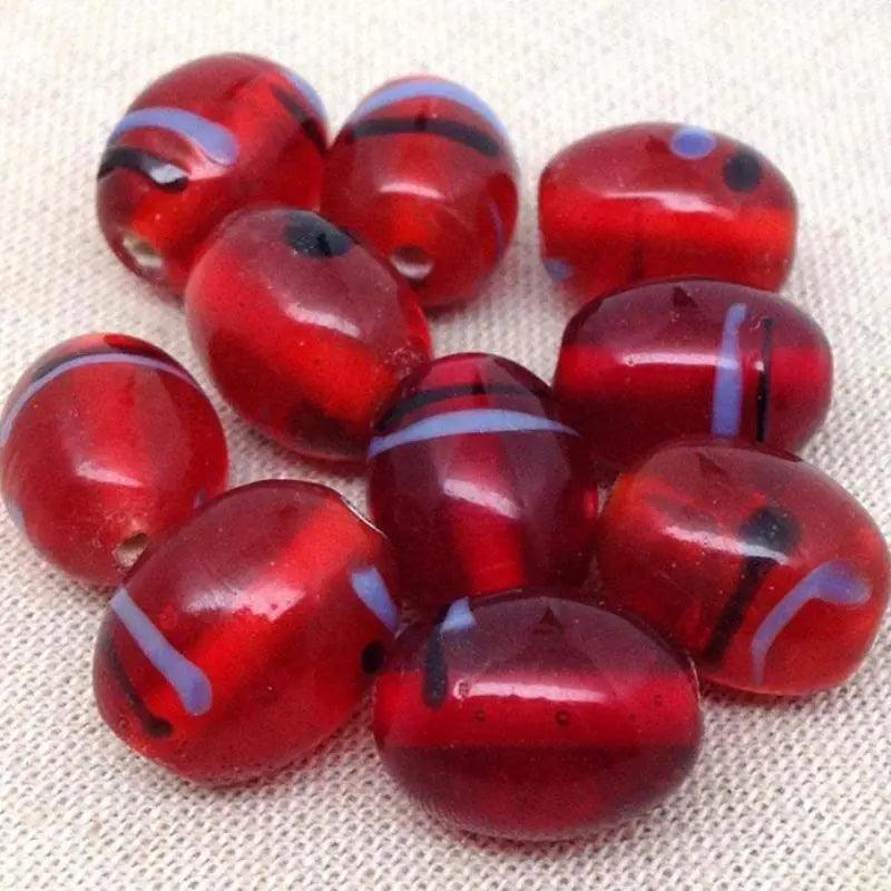 10 Vintage Translucent Striped Red Oval Glass Beads - Sea Beads