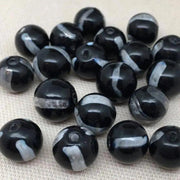 10 Vintage Black Silver White Striped Round Glass Beads - Sea Beads