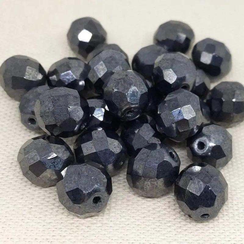 20 Vintage Gunmetal Czech Round Faceted Glass Beads - Sea Beads