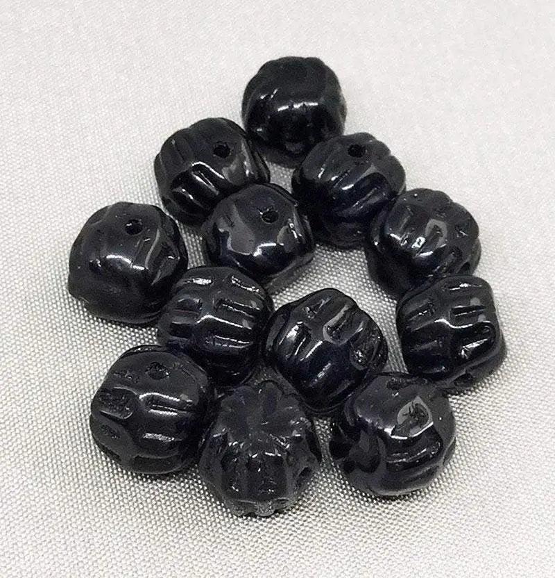 12 Vintage Black Czech Pressed Glass Beads - Sea Beads