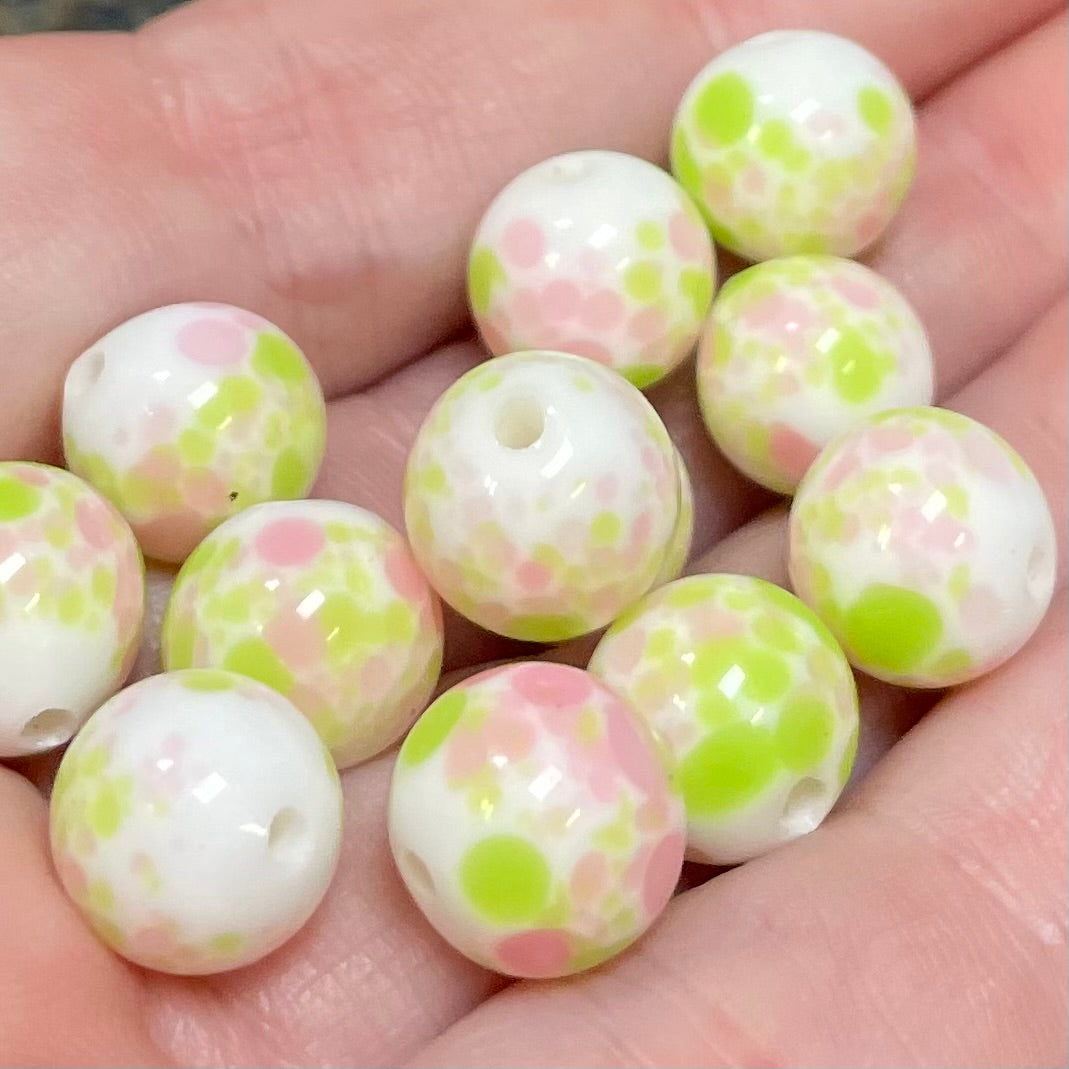 12 Vintage White Pink Green Japan Cherry Brand Round Glass Beads