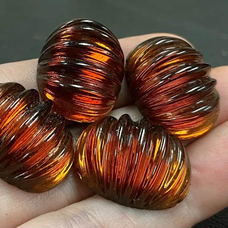4 Vintage Amber Ribbed Melon Oval Glass Cabochons - Sea Beads
