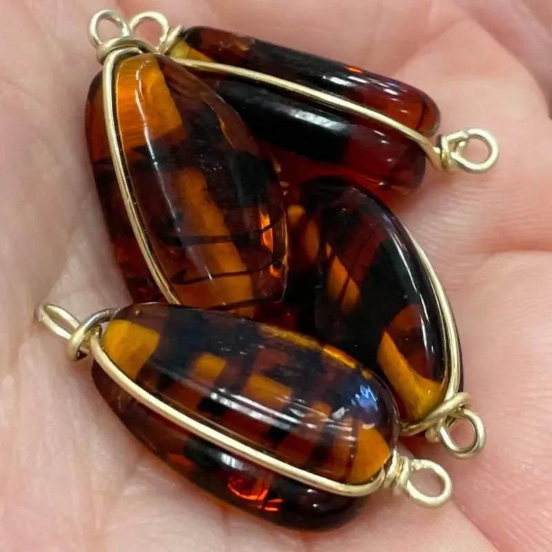 4 Vintage Amber Tortoise Japan Wire Wrapped Glass Connectors - Sea Beads