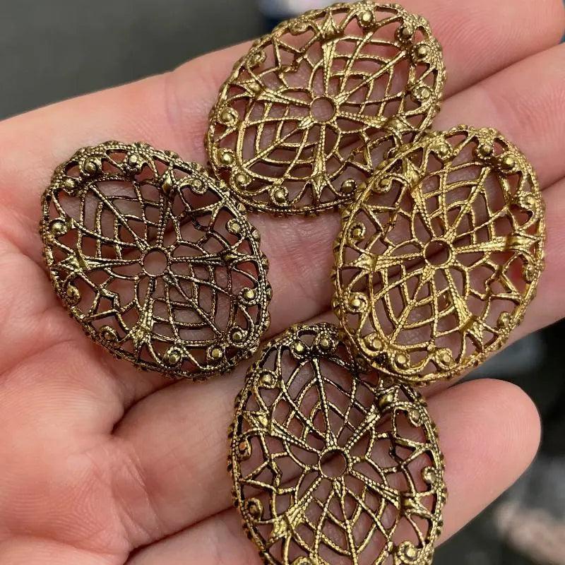 4 Vintage Gold Antiqued Oval Filigree Metal Components - Sea Beads