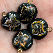 4 Vintage Black Floral Heart Glass Pendants - Sea Beads