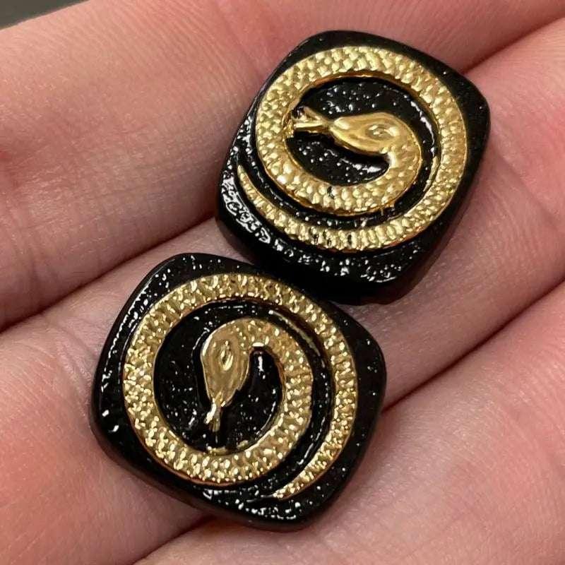 4 Vintage Black Gold Snake Glass Cabochons - Sea Beads