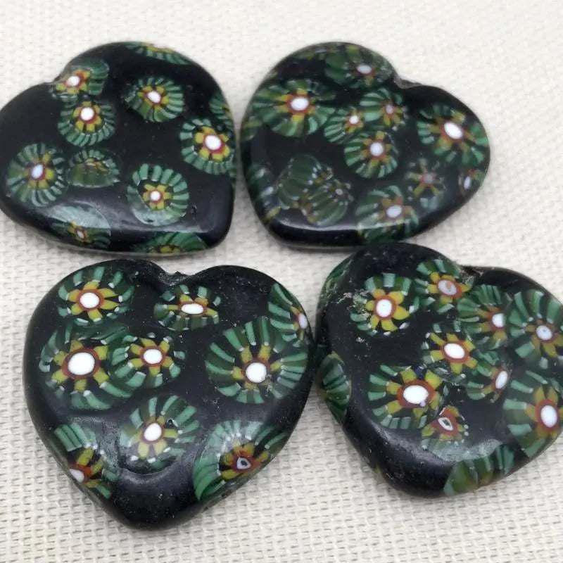 4 Vintage Black Green Millefiori Heart Glass Beads - Sea Beads