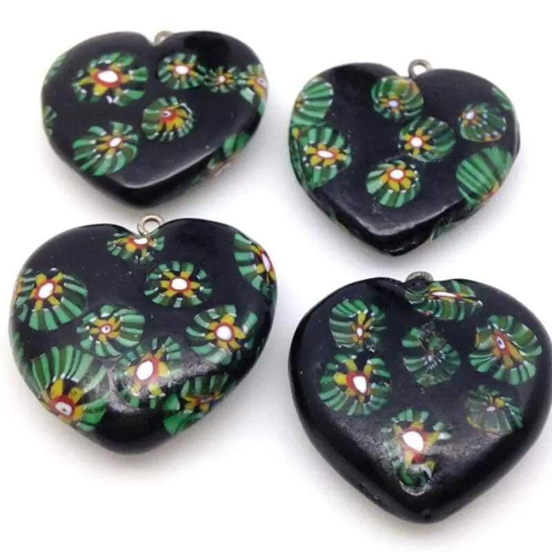 4 Vintage Black Green Millefiori Heart Glass Pendants - Sea Beads