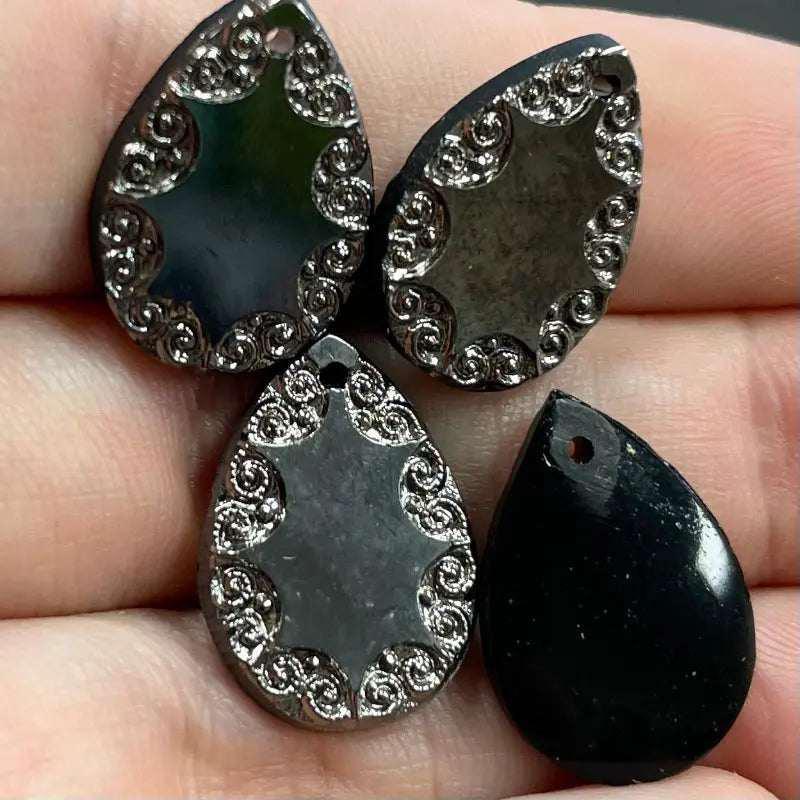 4 Vintage Black Gunmetal Fancy Glass Pendants - Sea Beads