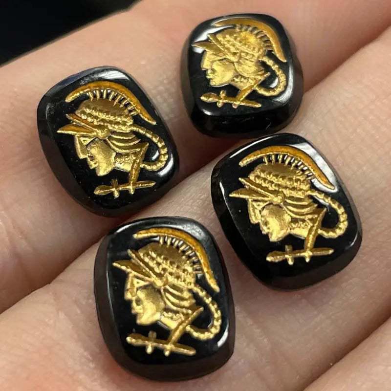 4 Vintage Black Intaglio Gladiator Cameo Glass Cabochons - Sea Beads