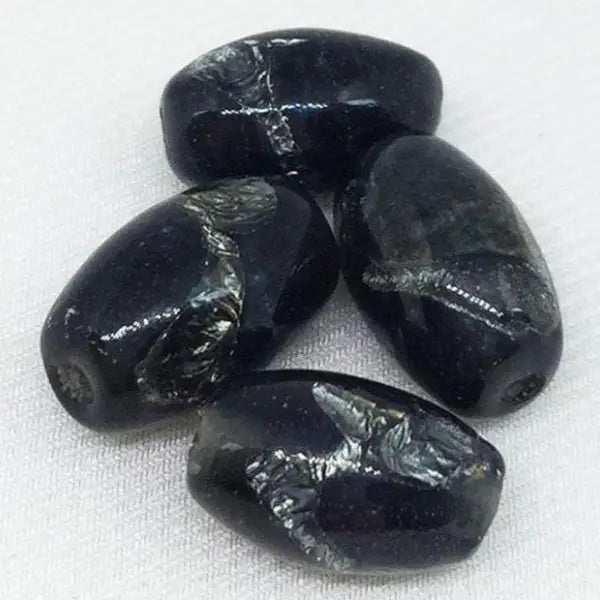4 Vintage Black Japan Foil Oval Glass Beads - Sea Beads