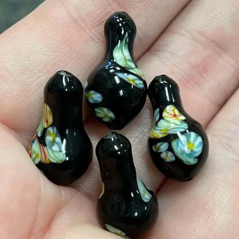 4 Vintage Black Japan Millefiori Glass Beads - Sea Beads