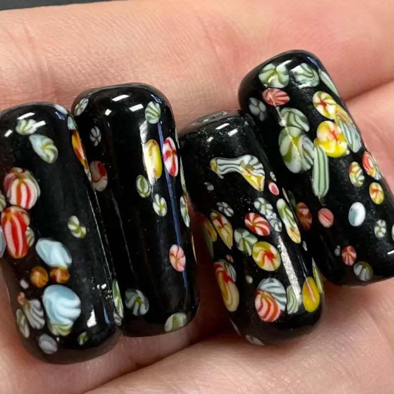 4 Vintage Black Japan Millefiori Tube Glass Beads - Sea Beads