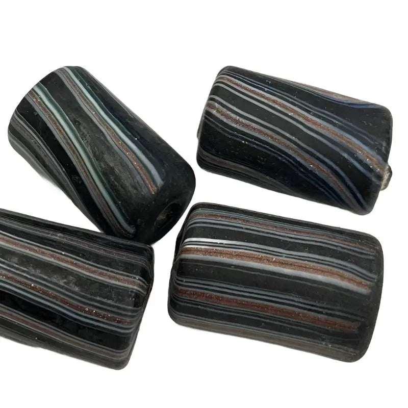 4 Vintage Black Matte Striped Tube Glass Beads - Sea Beads