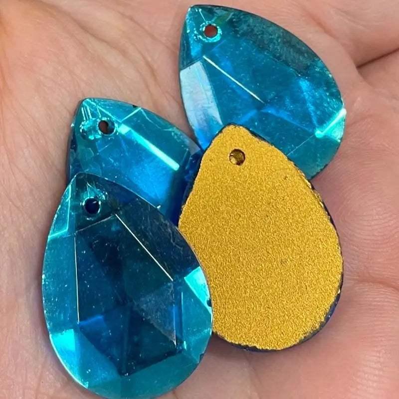 4 Vintage Blue Aqua Faceted Teardrop Glass Pendants - Sea Beads